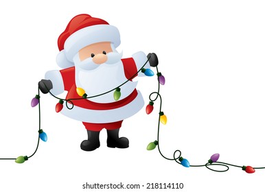 Santa holds a string of Christmas lights.