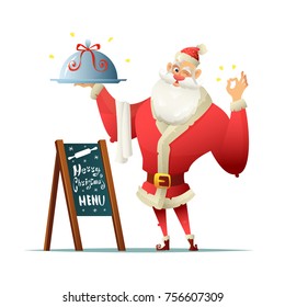 Santa holds a tray in his hand and makes the delicious gesture. Near the board with an inscription Christmas menu. Greeting card design