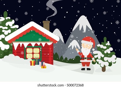 Santa at home. Beautiful scene of Santa Claus near christmas house in snow. Dark sky with stars. Winter landscape with mountains and snow.