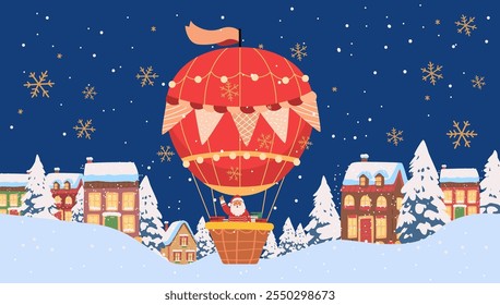 Santa escena de Navidades de globo de aire caliente pueblo nevado festivo acebo hojas de cielo nocturno copos de nieve diseño de tarjeta de felicitación de vacaciones