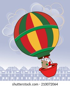 Santa in a hot air balloon with Naughty and Nice list  over village or town 