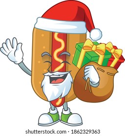Santa hotdog Cartoon drawing design with sacks of gifts. Vector illustration