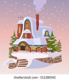Santa house. Happy New Year. Christmas snowfall. Vector flat cartoon illustration
