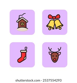 Santa house line icon set. House with chimney, jingle bells, Christmas stocking, Rudolf reindeer. Christmas concept. Vector illustration can be used for holiday, winter, season