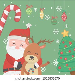 santa hugging reindeer tree candy cane balls snowflakes celebration merry christmas poster vector illustration
