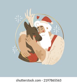 Santa hugs his reindeer. Great and strong friendship. Happy New Year, Merry Christmas. Giving of gifts, presents.  Daily routine of Santa Claus before Christmas. Flat style in vector illustration.