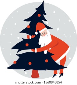 Santa hugs light christmas tree greeting card. New year card design