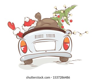 Santa hurries to bring gifts. Christmas grandfather with a bag and a Christmas tree in a convertible car, vector illustration.