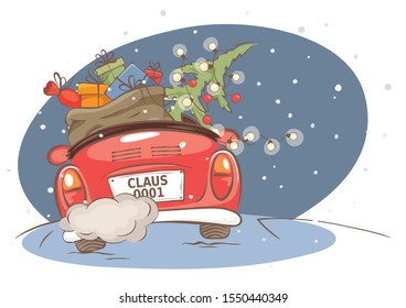 Santa hurries to bring gifts. Christmas card. grandfather with a bag and a Christmas tree in a convertible car, vector illustration. Eps 10.