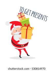 Santa hurries to get presents isolated. Santa Claus with mountain of gift boxes. Merry Christmas and happy New Year concept. Winter holiday illustration. Greeting card. Vector in flat style design