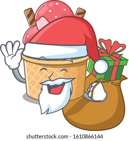 Santa ice cream sundae Cartoon character design having box of gift