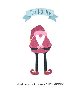 Santa isolate. Christmas character toy in a childish hand-drawn Scandinavian style. The inscription on the tape is ho ho ho. Funny vector illustration in pink colors