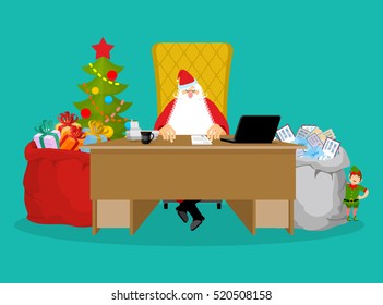 Santa job. Claus checks mail from children. Big bag of incoming post. Red gift sack toys, sweets. Grandfather sits with his assistants for sitting at table office. Elves prepare gifts. Christmas Boss