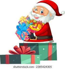 Santa is joyfully holding a bundle of presents for the holiday season
