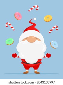 Santa juggles with candy canes and donuts. Vector illustration.