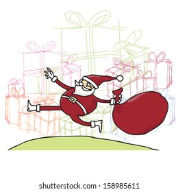 Santa jumping in front of pile of presents