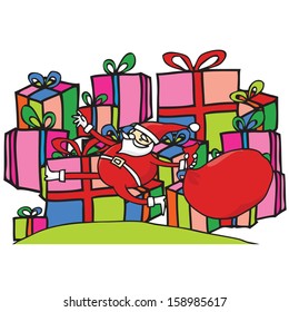 Santa jumping in front of pile of presents