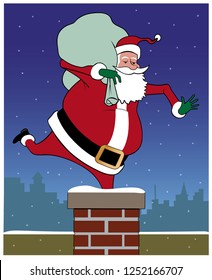 Santa jumps down a chimney.