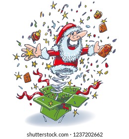 Santa jumps out of a box as a surprise