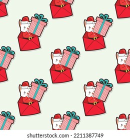 Santa kitty cat in Christmas cartoon seamless pattern