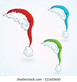 Santa Klaus cap in three colours: red, blue and green. New Year vector - eps 10