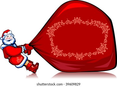 Santa Klaus drags very heavy bag with gifts.