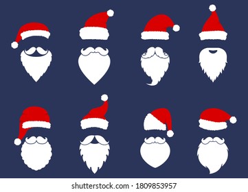 Santa Klaus fashion silhouette flat style. Christmas elements for greeting design. New Year. Santa hats, mustache and beards.