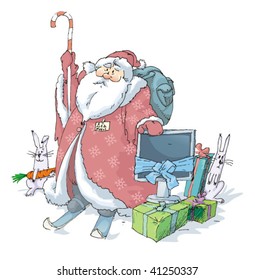 Santa Klaus on skis goes to give presents