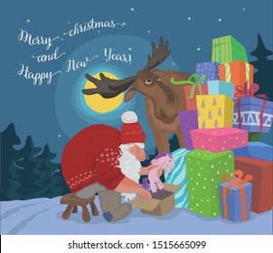 Santa in a knitted sweater is packing gifts in a forest glade. Santa is boxing pink unicorn.  Ded Moroz packs gifts.  Elk is peeking out from behind a big pile of gifts. Vector illustration for cards.