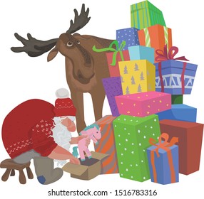 Santa in a knitted sweater is packing gifts.  Ded Moroz packs gifts.  Elk is peeking out from behind a big pile of gifts. Isolates Vector illustration on white background for cards, flyers.