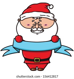 Santa label. vector illustration of cute funny Santa with ribbon.