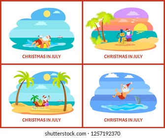 Santa laying on rubber ring with seagull and swimming with dolphin. Claus standing with snowman and sleigh with fruit vector. Christmas vacation in July