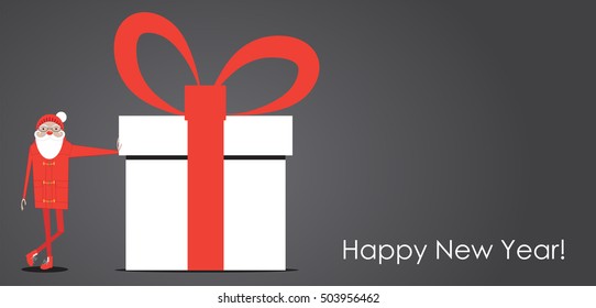 Santa leans on a big Christmas gift box. Vector illustration
