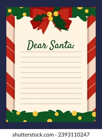 Santa letter template. List for wishes. Imagination and fantasy. Present and gift. New Year and Christmas, winter holidays and festivals. Cartoon flat vector illustration isolated on blue background