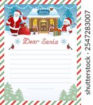 Santa letter template with wish list and funny Santa Claus and Snowman with gift box against winter forest background.