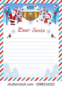 Santa letter template with wish list and cartoon funny Santa Claus and Snowman with envelope against winter forest background and Santa workshop.