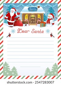 Santa letter template with wish list and funny Santa Claus and Snowman with gift box against winter forest background.