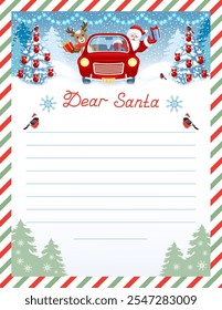 Santa letter template with wish list and cartoon Santa Claus and fawn deer in red vintage car with gift box against winter forest background.