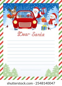 Santa letter template with wish list and Santa Claus and fawn deer in red vintage car with gift box against winter forest background and funny snowman.