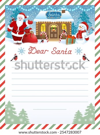 Santa letter template with wish list and funny Santa Claus and Snowman with gift box against winter forest background.