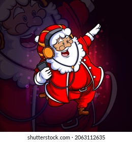 The santa is listening the music esport logo design of illustration