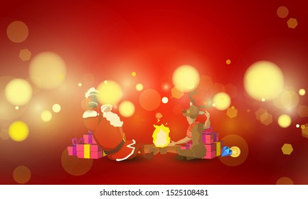 Santa and the little deer sitting on a celebration at the bonfire And gifts on red background for vector magic holiday poster design