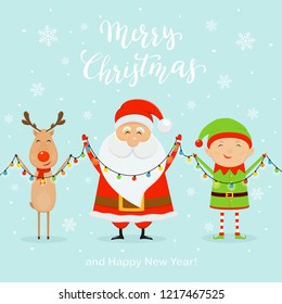 Santa with little elf and cute deer holding colorful christmas lights, isolated on blue background with snowflakes and lettering Merry Christmas and Happy New Year, illustration.