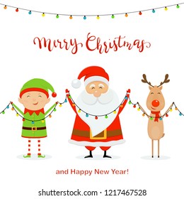 Santa with little elf and cute deer holding colorful christmas lights, isolated on white background with lettering Merry Christmas and Happy New Year, illustration.