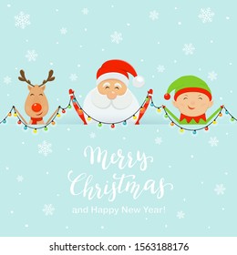 Santa with little elf and cute deer stand behind the banner and hold colorful Christmas lights. Blue snowy background with snowflakes. Illustration for holiday design, cards, invitations and banners.