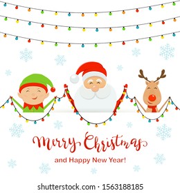 Santa with little elf and cute deer stand behind the banner and hold colorful Christmas lights. White background with snowflakes. Illustration for holiday design, cards, invitations and banners.