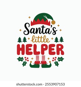 Santa Little Helper, typography, with a Santa Clause t-shirt design illustration. Merry Christmas.