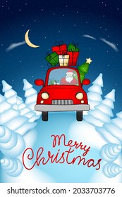 Santa in little red car carries gifts and a Christmas tree through snowy forest. Christmas delivery.