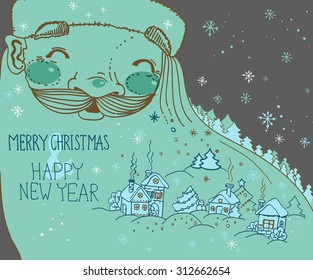 Santa and little town doodle illustration. Christmas card poster banner. Winter illustration, Vector
