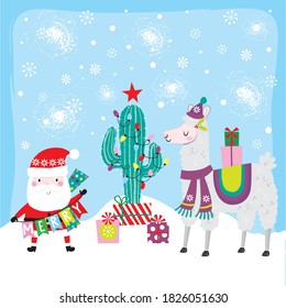Santa y Llama con árbol de cactus